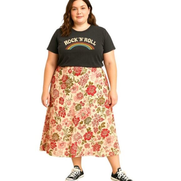Y2K Floral Midi Skirt Pink Green Flowy Fairy Hippie Boho Casual Chiffon Size 14 - Picture 1 of 7